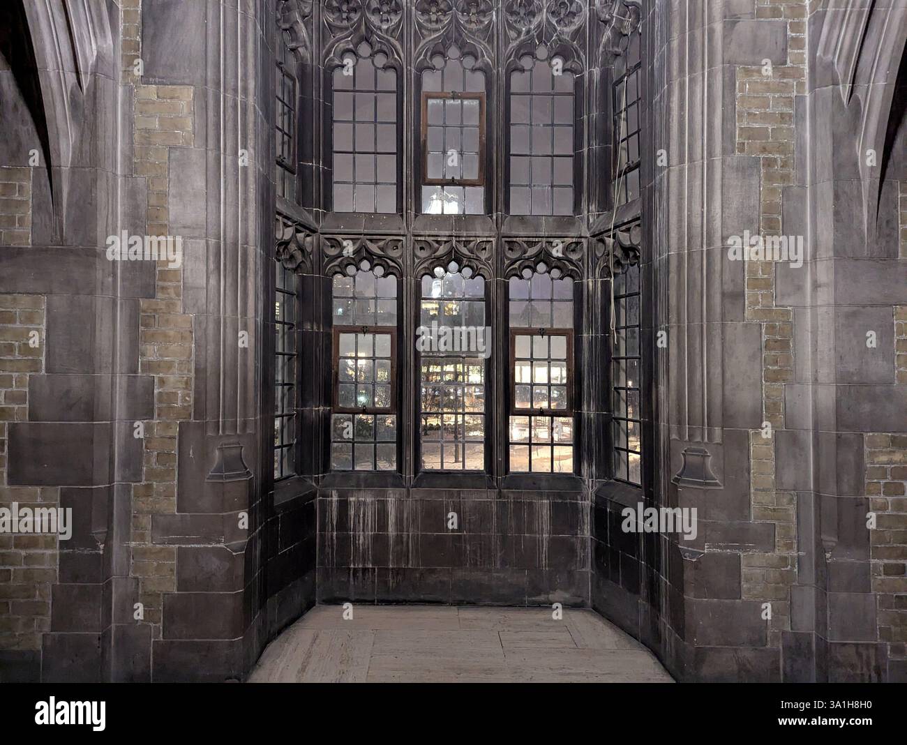 edificio universitario gotico con finestra di vetro al piombo Foto Stock