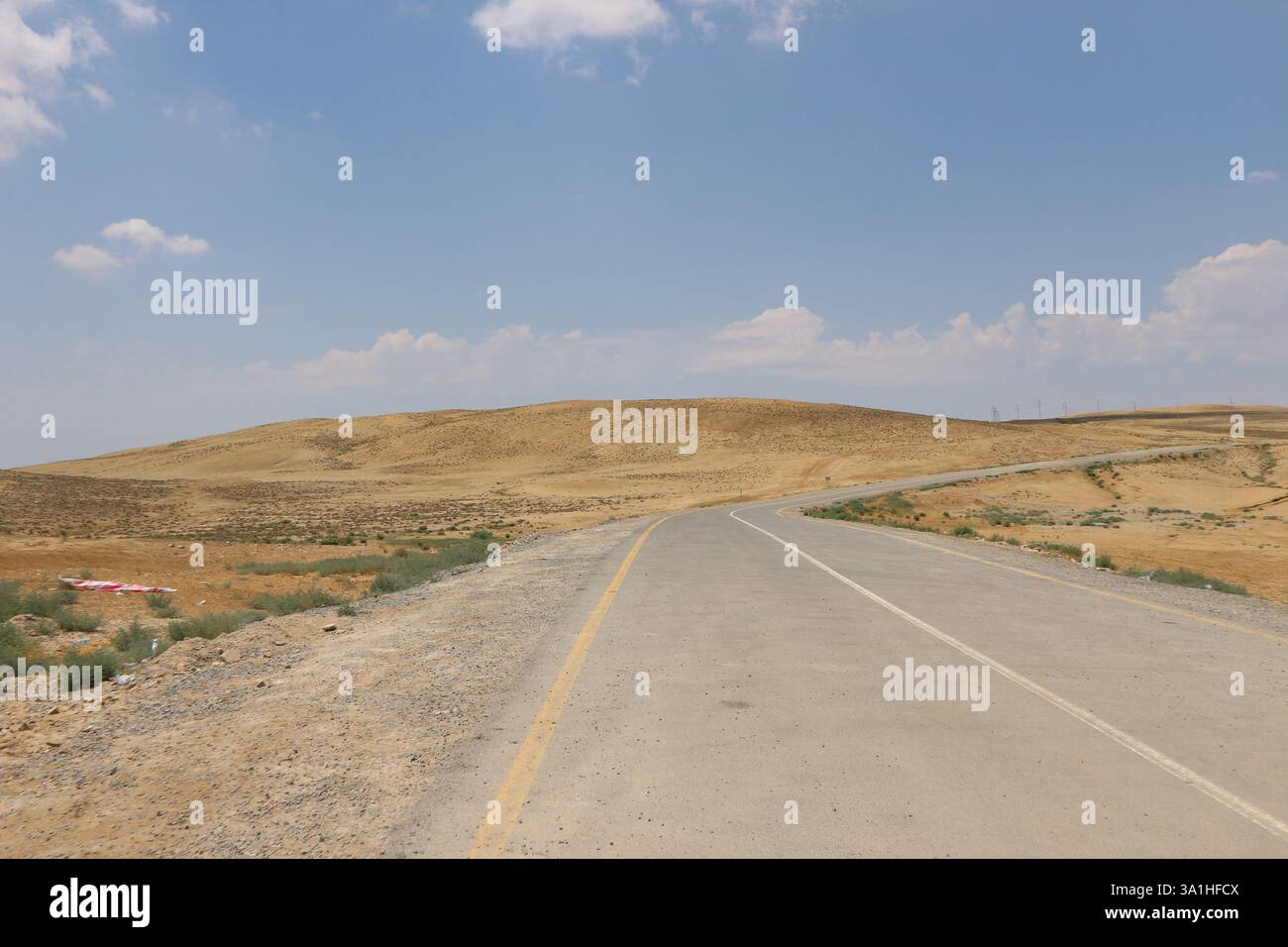 Una strada infinita attraverso il deserto, un viaggio mozzafiato all'orizzonte. Foto Stock