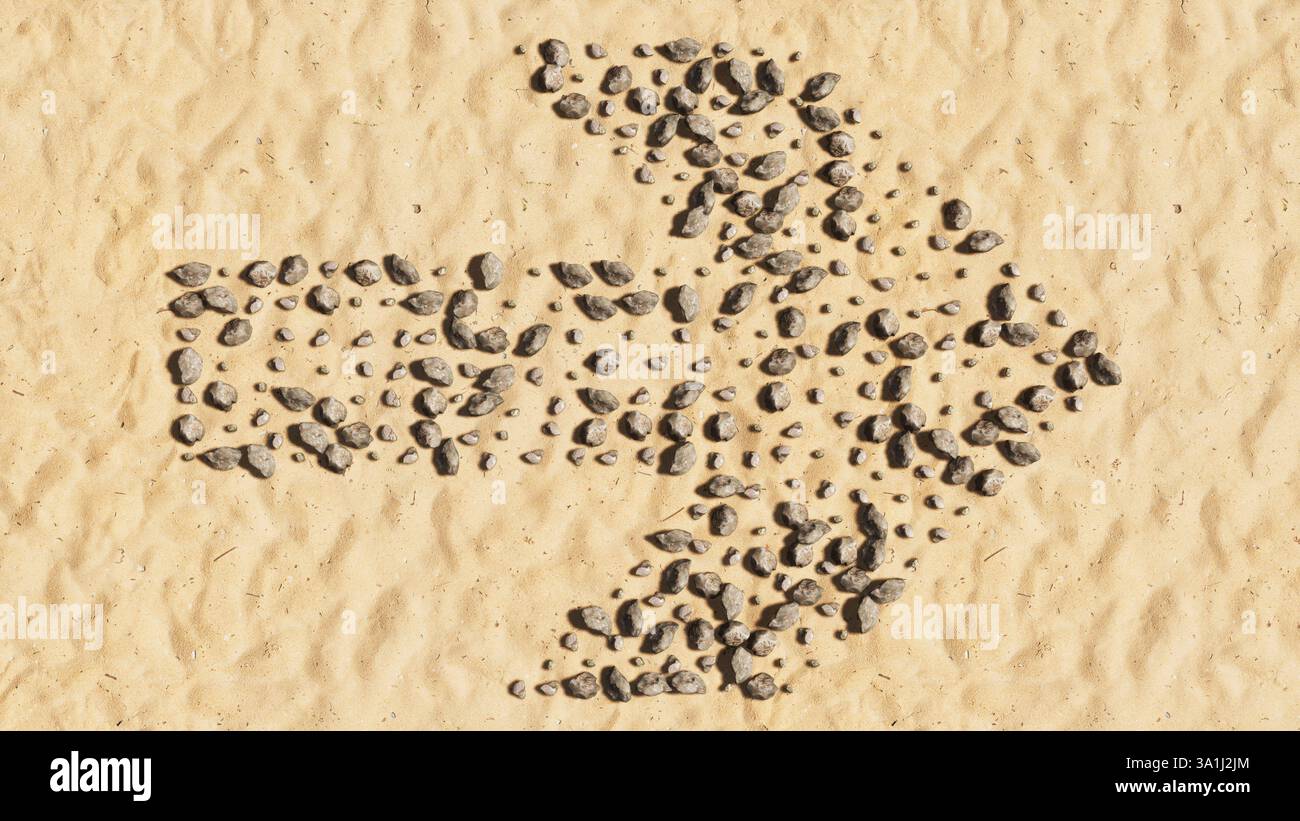 Concept pietre concettuali sulla spiaggia sabbia simbolo forma fatta a mano, sfondo di sabbia dorata, segnaletica stradale. 3d metafora di illustrazione per la navigazione, strategia Foto Stock