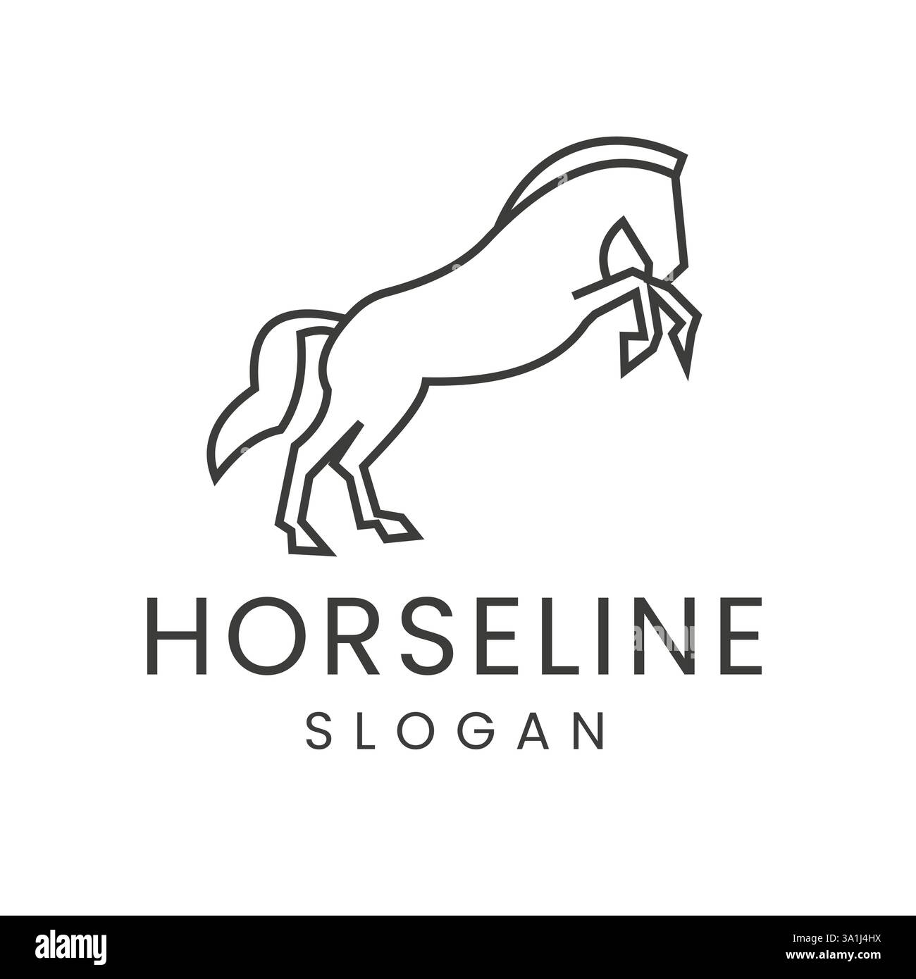 Modello di design con logo Horse in stile lineare moderno e minimalista. Adatto a marchi di fattorie, club ippici, aziende equestri e autobus a cavallo Illustrazione Vettoriale