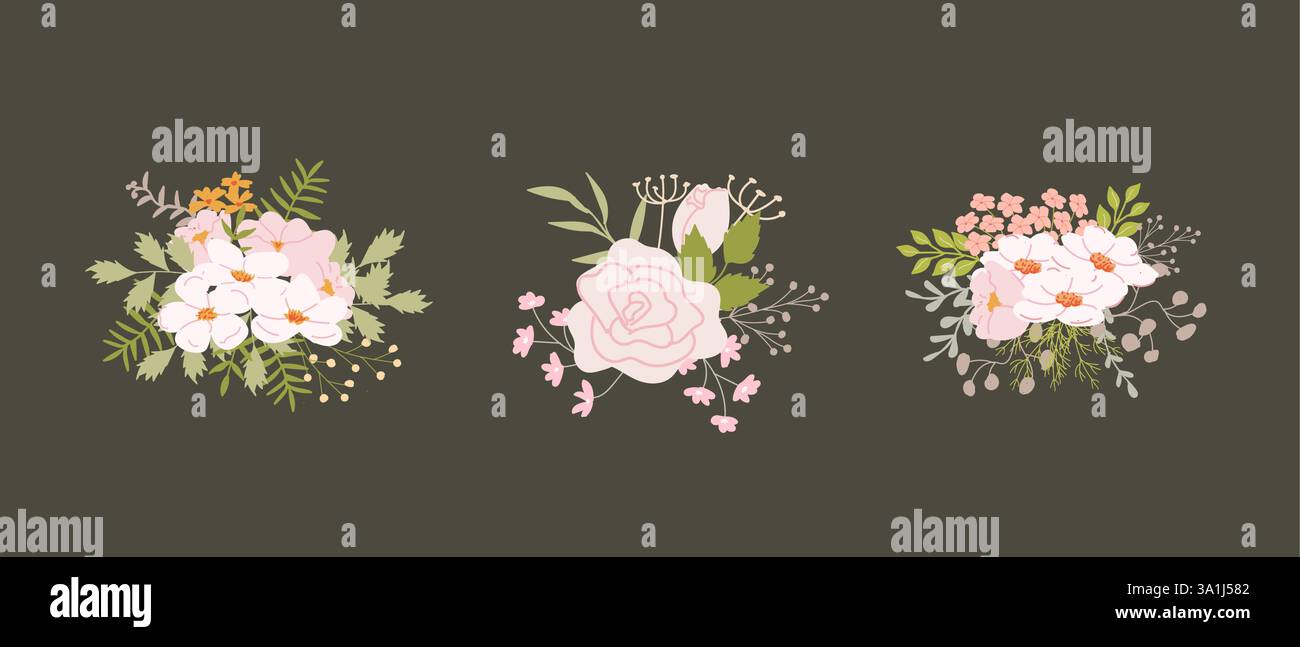 Eleganti composizioni floreali con fiori rosa e bianchi su sfondo scuro. Illustrazione Vettoriale