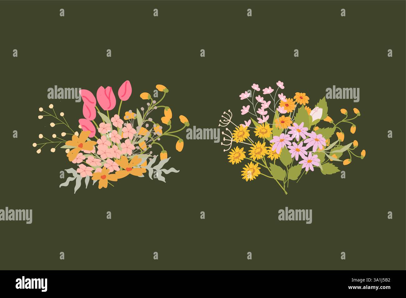 Colorate composizioni floreali con fiori rosa e giallo su sfondo scuro. Illustrazione Vettoriale