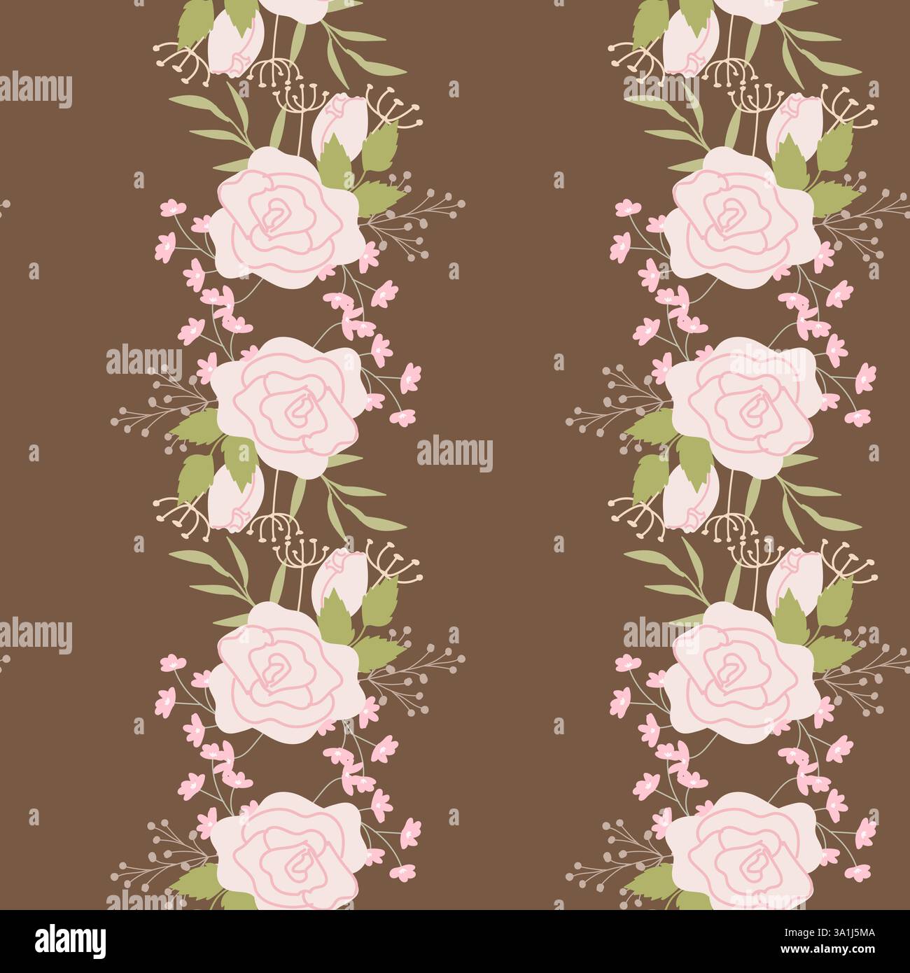 Motivo floreale senza cuciture con rose rosa e foglie verdi su sfondo marrone. Illustrazione Vettoriale