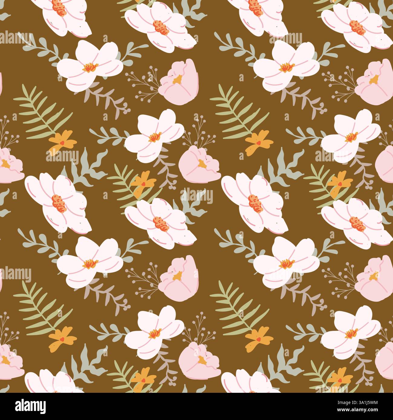 Motivo floreale senza cuciture con fiori rosa e foglie verdi su sfondo marrone. Illustrazione Vettoriale