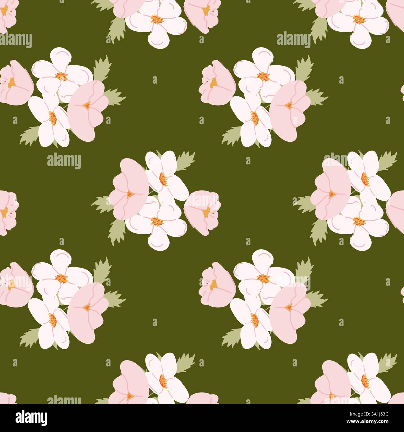 Motivo floreale senza cuciture con fiori rosa su sfondo verde oliva. Illustrazione Vettoriale