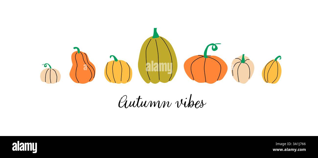 Striscione moderno per il Ringraziamento d'autunno con scritta. Sfondo orizzontale con zucche. Design piatto e minimalista. Illustrazione Vettoriale