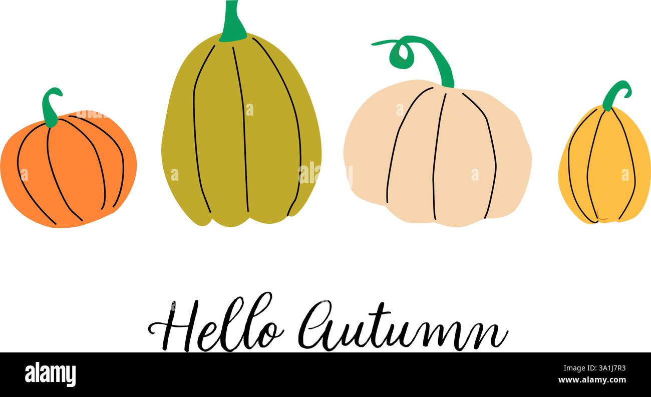 Striscione moderno per il Ringraziamento d'autunno con scritta. Sfondo orizzontale con zucche. Design piatto e minimalista. Illustrazione Vettoriale