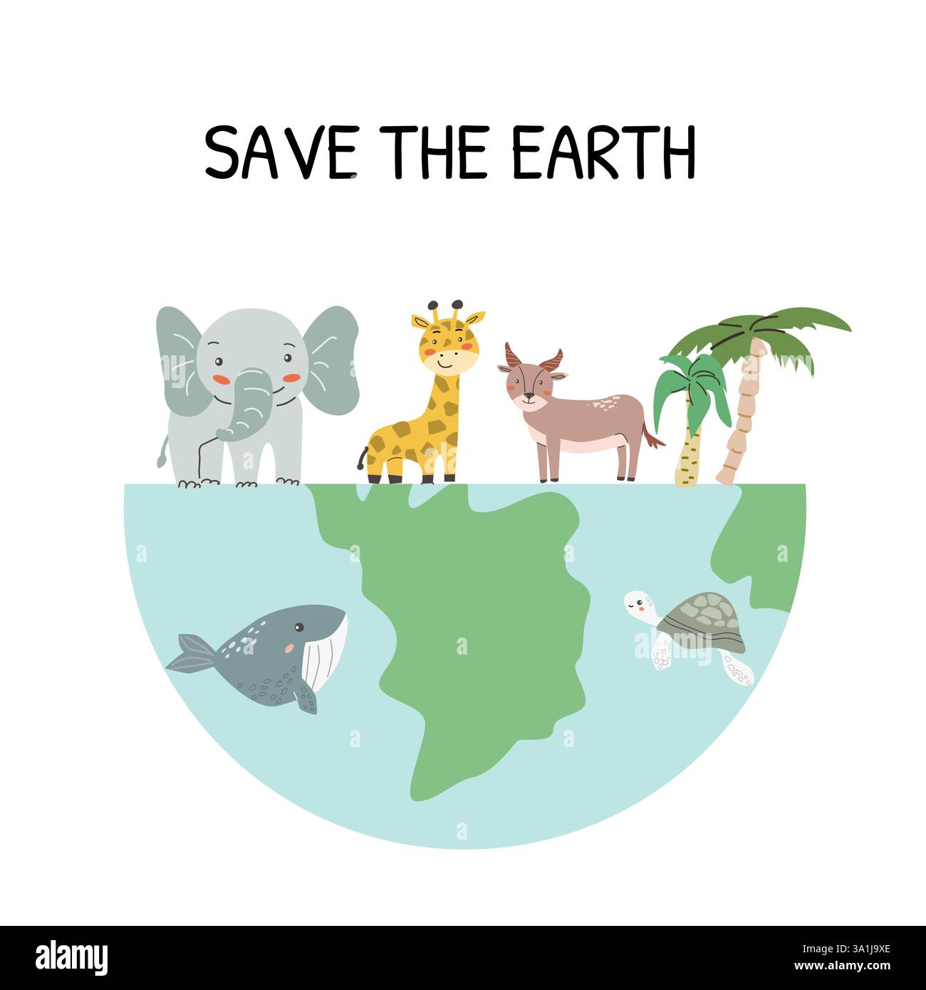Salva la terra con animali carini: Elefante, giraffa, balena, tartaruga e molto altro ancora. Illustrazione Vettoriale