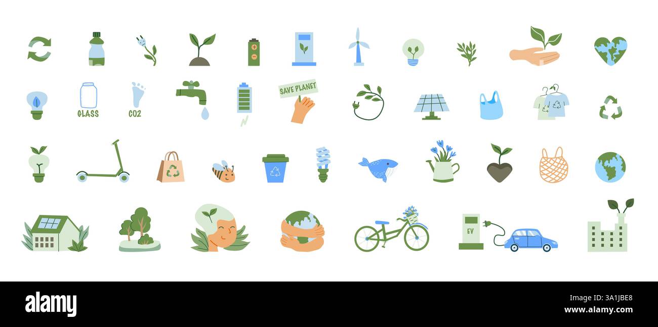 Set di icone ecocompatibili: Sostenibilità, riciclaggio, energia rinnovabile e conservazione. Design piatto, palette ecocompatibili. Illustrazione Vettoriale