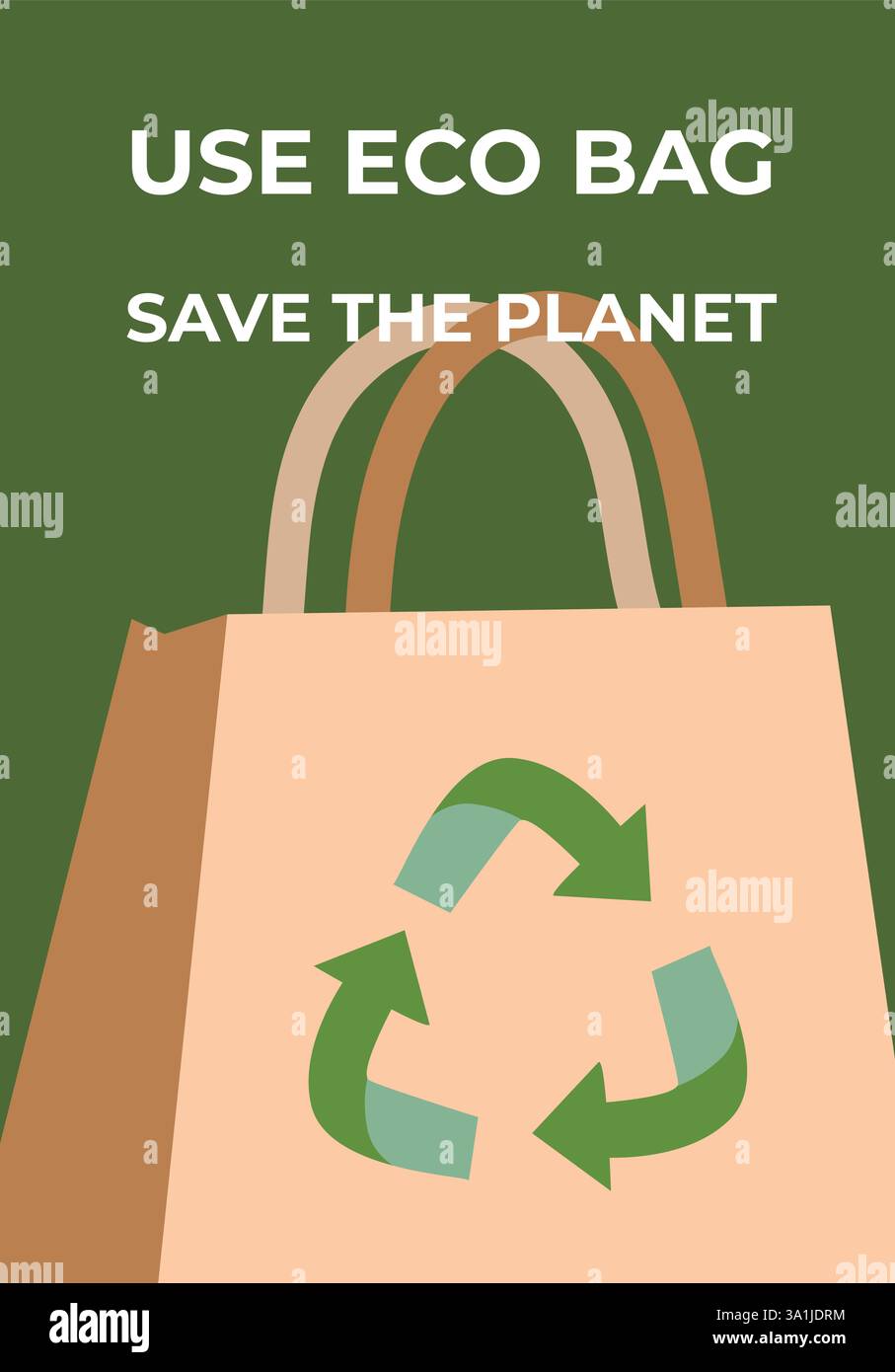 Sacchetto ecocompatibile per un futuro sostenibile: Riduzione degli sprechi, supporto al riciclaggio. Illustrazione Vettoriale