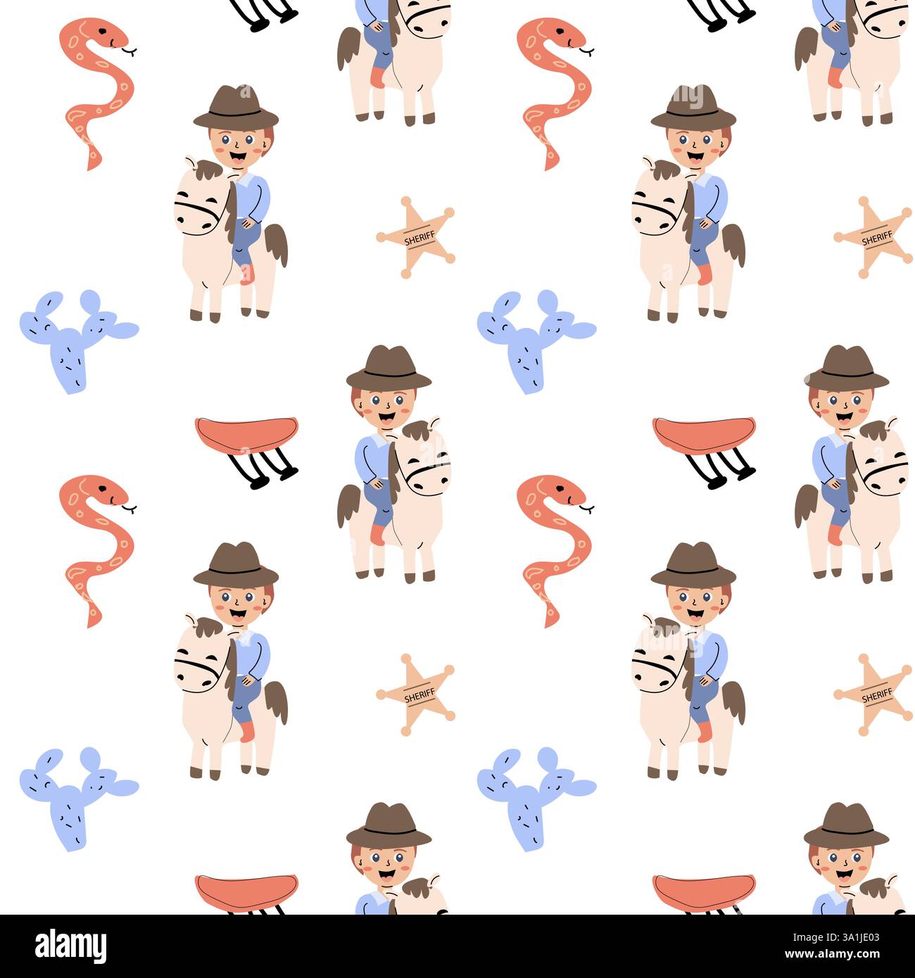 Cowboy e motivi per bambini a tema occidentale per progetti di design e decorazione per bambini. Illustrazione Vettoriale
