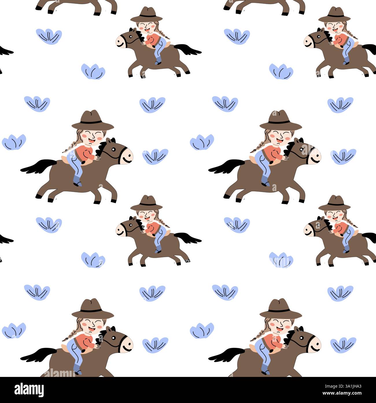 Divertente motivo a tema cowboy con bambini sui cavalli per decorazioni e tessuti per bambini. Illustrazione Vettoriale