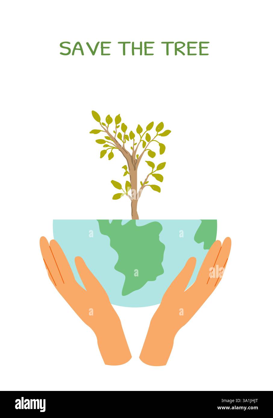 Mani che tengono l'albero in crescita sul globo promuovendo la conservazione ambientale. Illustrazione Vettoriale