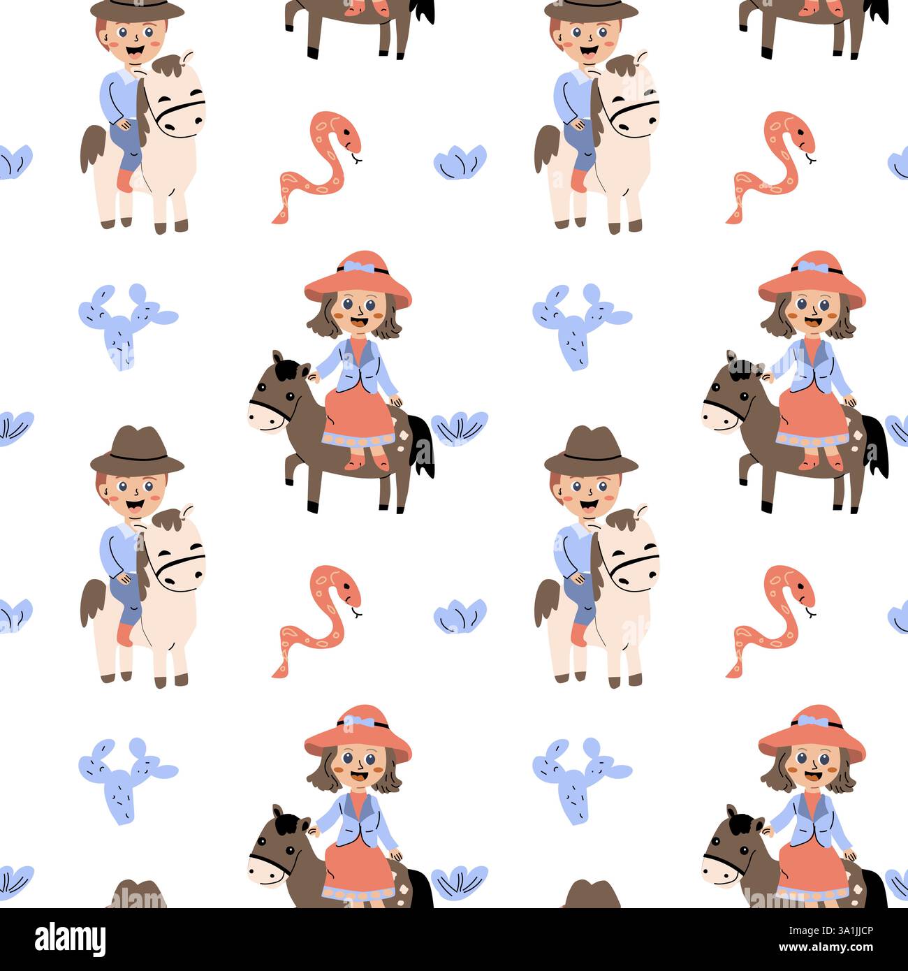 Motivo infantile a tema cowboy e cavallo con personaggi e cactus carini. Illustrazione Vettoriale