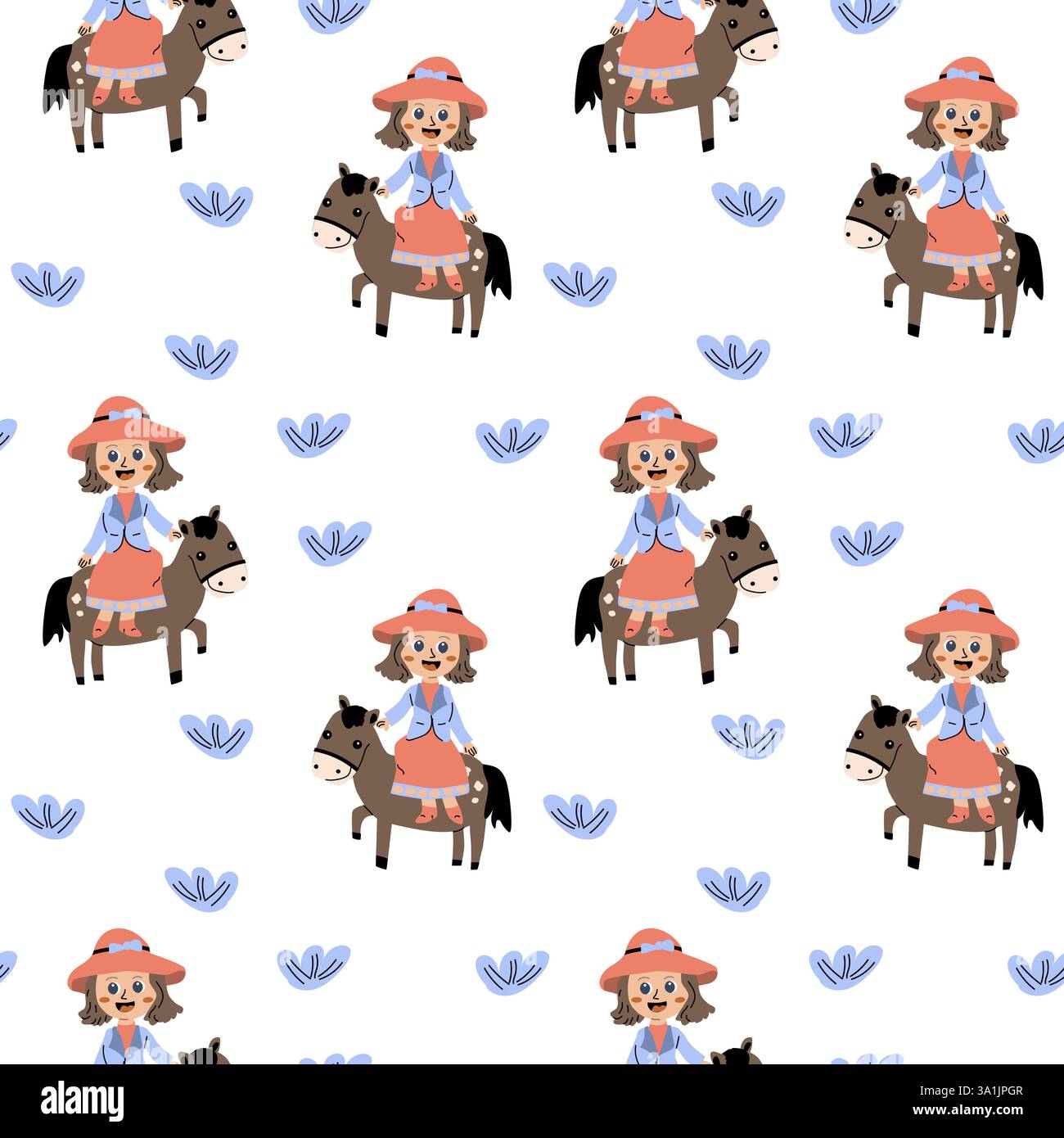 Divertente motivo per bambini cowboy con cavalli da cartoni animati e dettagli floreali per il design dei bambini. Illustrazione Vettoriale