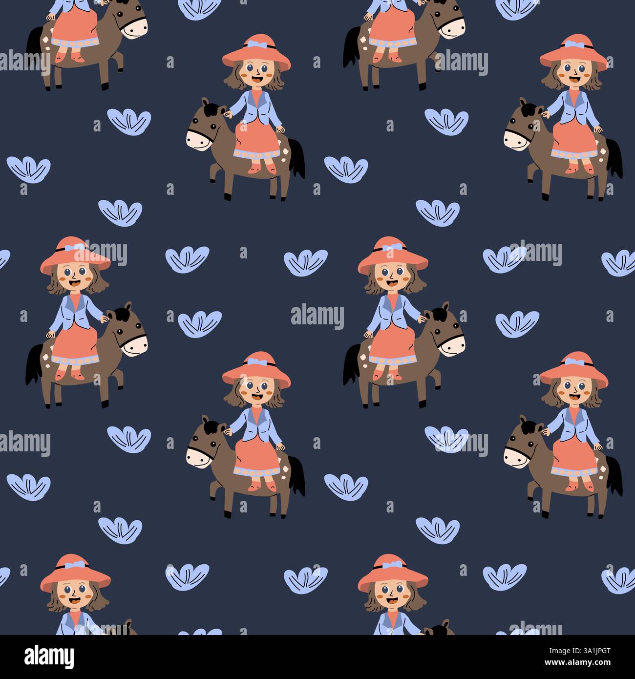 Simpatico motivo da cowboy con i bambini sui cavalli ed elementi floreali. Illustrazione Vettoriale