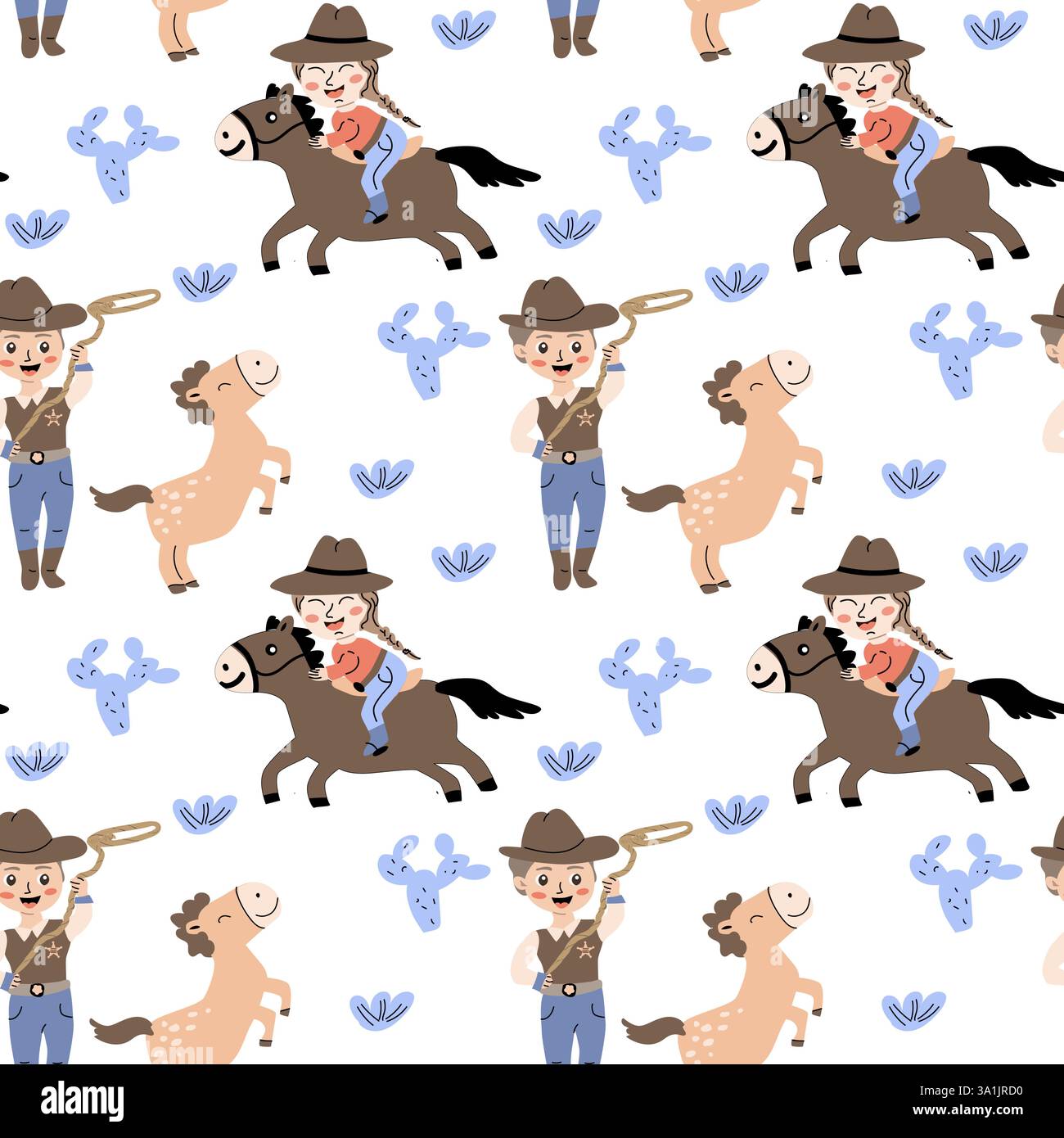 Divertente motivo cowboy e cavallo per l'arredamento e l'artigianato della camera dei bambini. Illustrazione Vettoriale