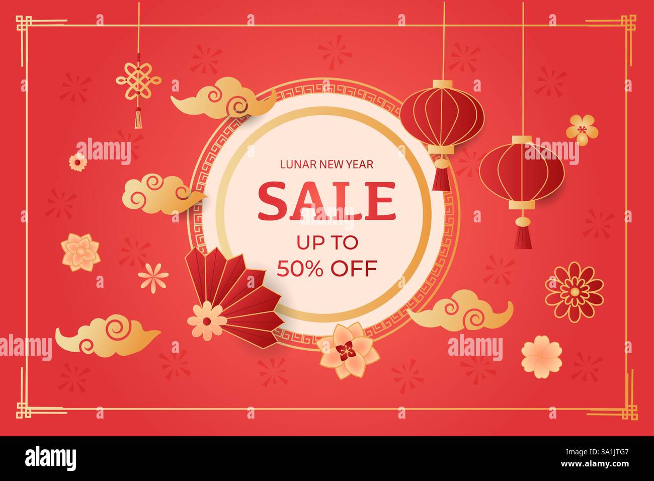 Capodanno lunare cinese astratto promozione vendita moderna design su sfondo rosso. Biglietto d'auguri lunare con banner sconto in formato orizzontale. Illustrazione Vettoriale