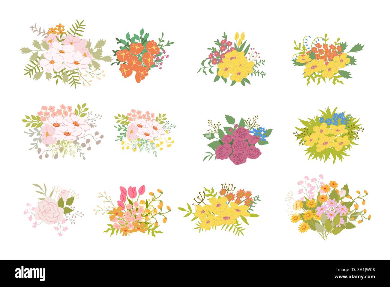 Varietà di mazzi floreali colorati con fiori e vegetazione diversi. Illustrazione Vettoriale