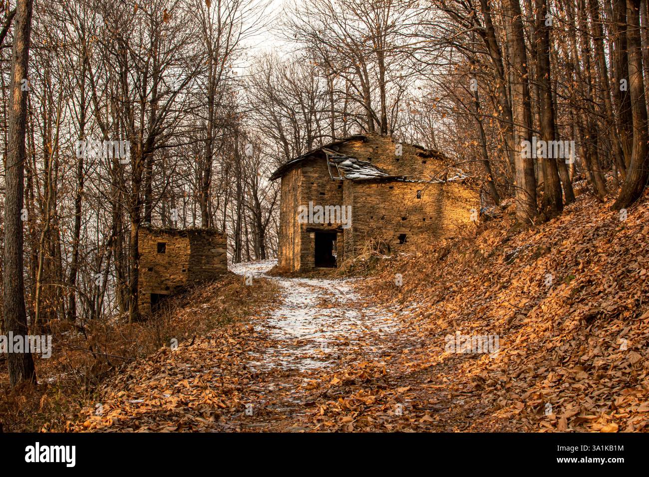Una casa in pietra abbandonata in una foresta di fine autunno, parzialmente coperta dai primi segni di neve. Foto Stock