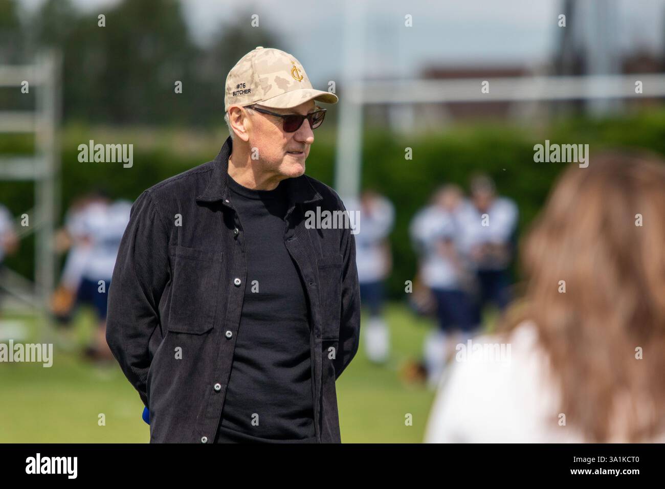 Calciatore professionista in pensione e capitano inglese Terry Butcher ospite d'onore in una partita di football americano degli Ipswich Cardinals a Rushmere St Andrew Foto Stock