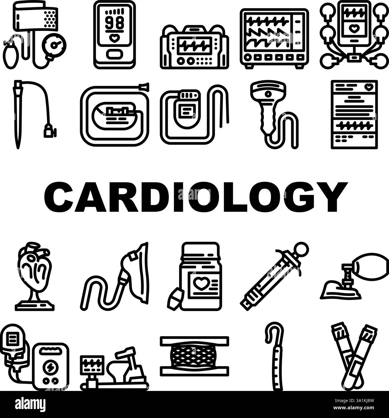 accessori per cardiologia icone ecg holter imposta vettore Illustrazione Vettoriale