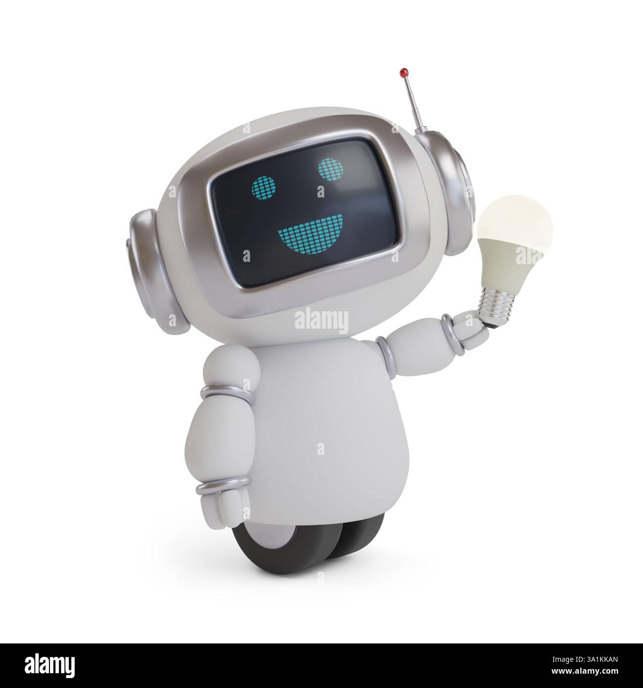 Grazioso robot con lampadina isolata su sfondo bianco. illustrazione 3d. Foto Stock