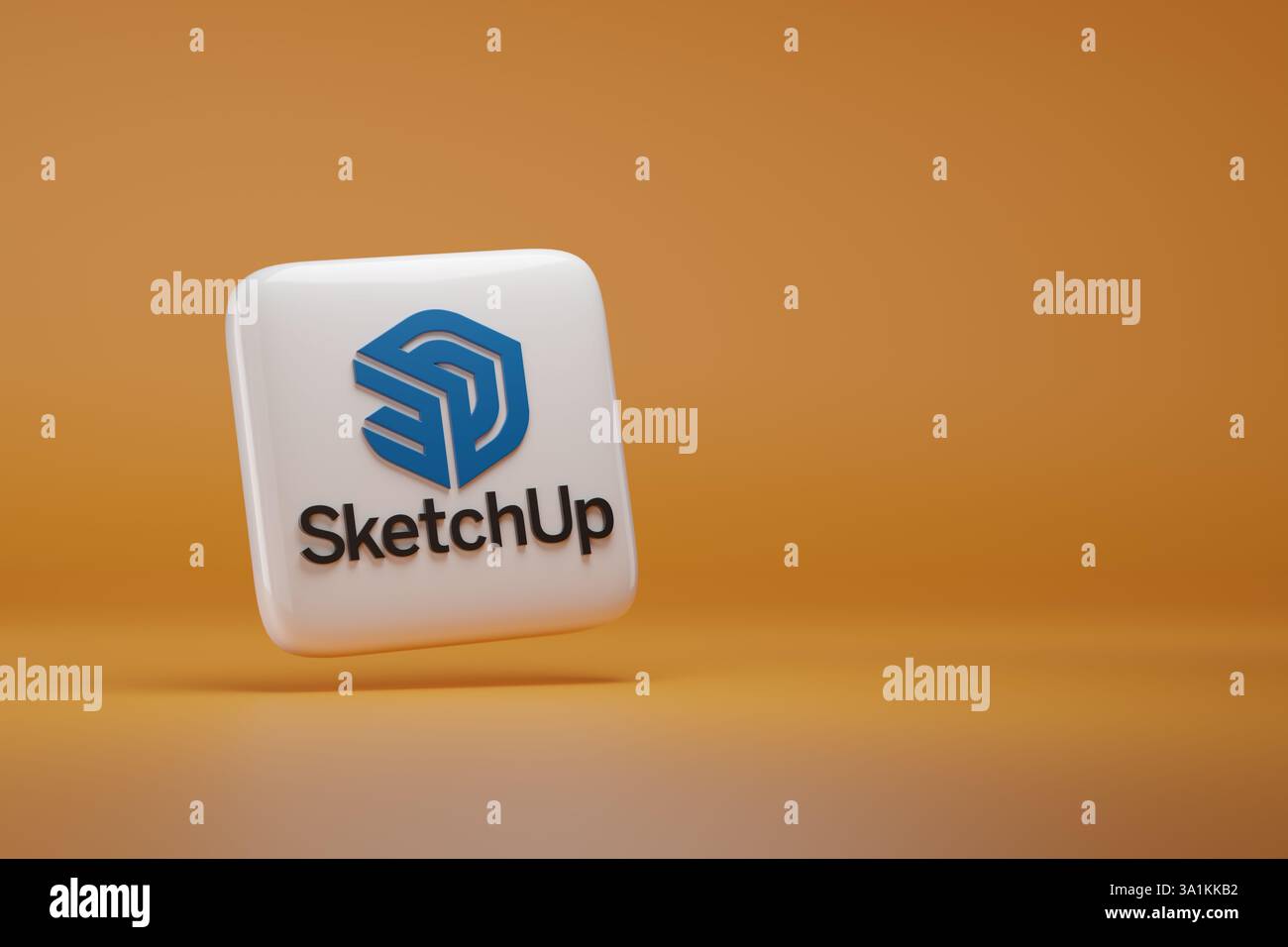 Buenos Aires, Argentina - 9 marzo 2025: Logo tridimensionale di SketchUp con tipografia su sfondo arancione. illustrazione 3d. Foto Stock
