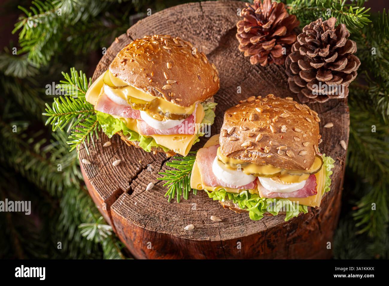 Un panino fresco e piccante con cetriolini, formaggio e senape. Un pasto appagante con sapori ricchi. Foto Stock