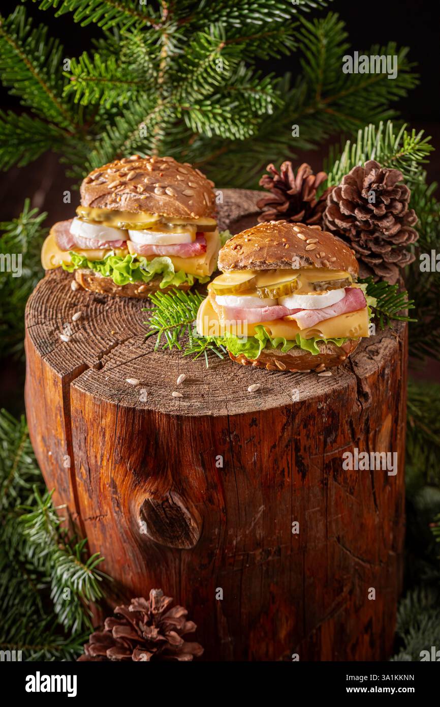 Un sandwich salutare con verdure, uova e prosciutto. Un ottimo modo per gustare un pasto sano. Foto Stock
