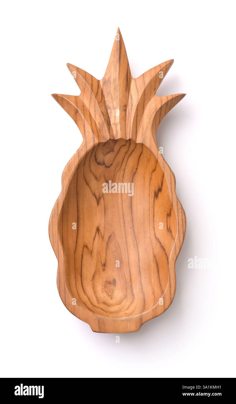 Vista dall'alto della ciotola vuota in legno a forma di ananas isolata su bianco Foto Stock