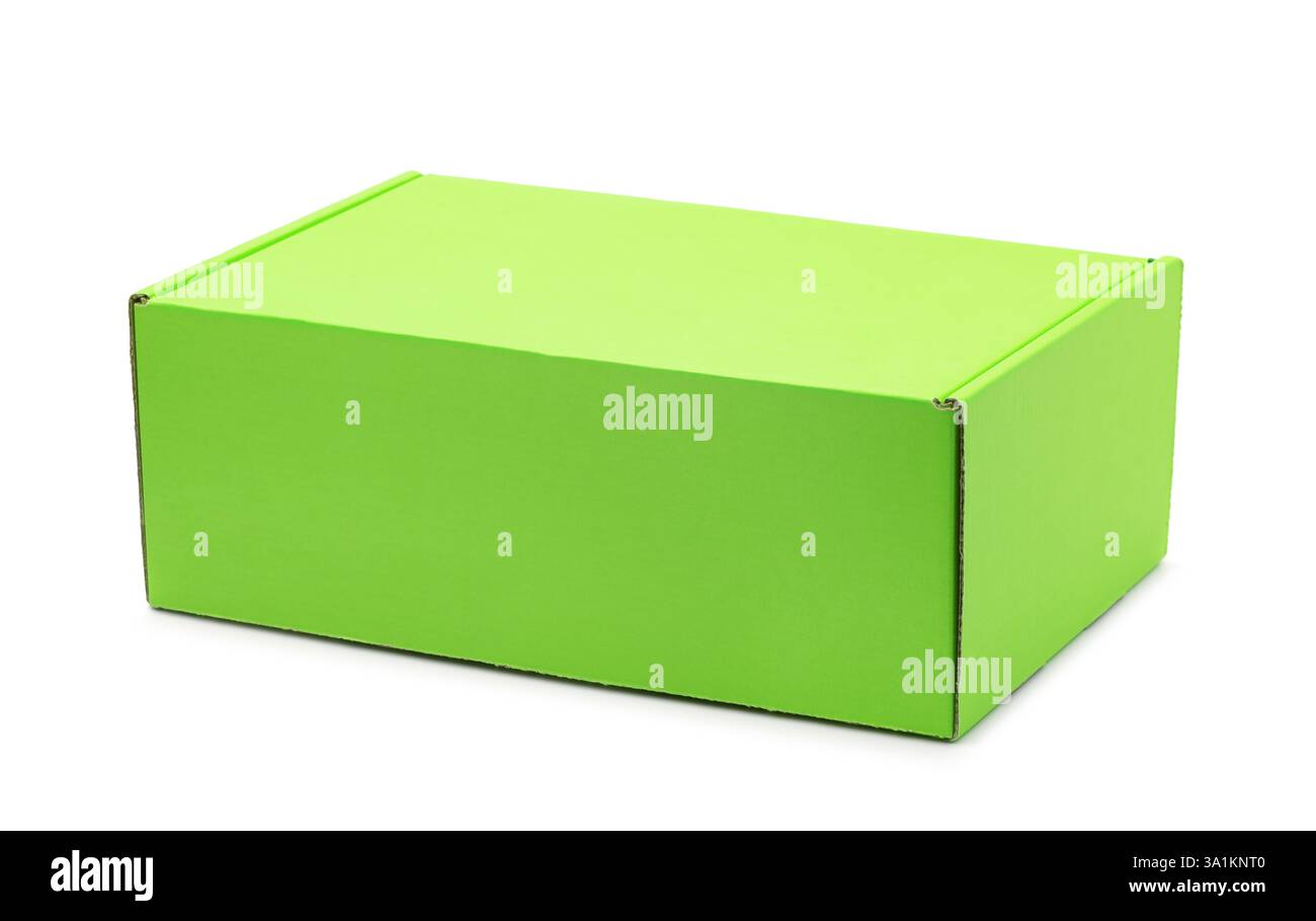 Scatola di carta per imballaggio verde chiusa isolata su bianco Foto Stock