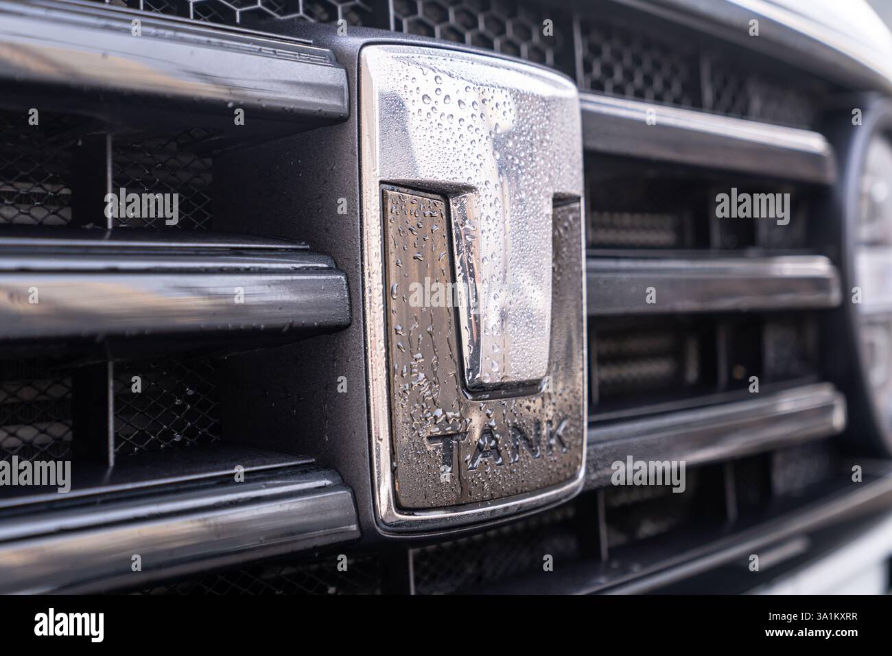 Primo piano di un elegante emblema Cars Tank con gocce d'acqua, che mostra elementi di design automobilistico moderni, Un primo piano di una griglia per auto con il logo B. Foto Stock
