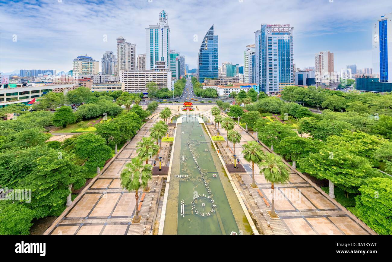 Ambiente urbano di Piazza del popolo, Liuzhou, Guangxi, Cina Foto Stock