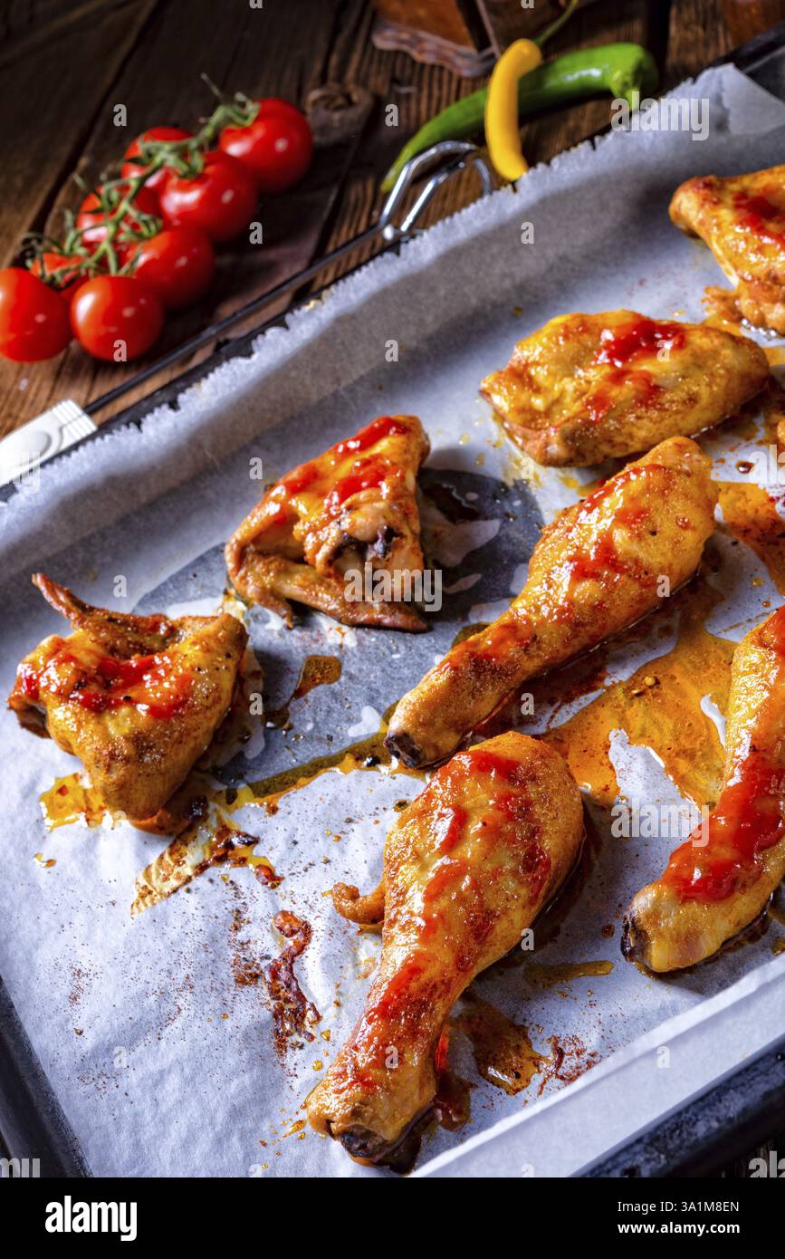 Ali di pollo rustiche e gambe sul vassoio da forno Foto Stock