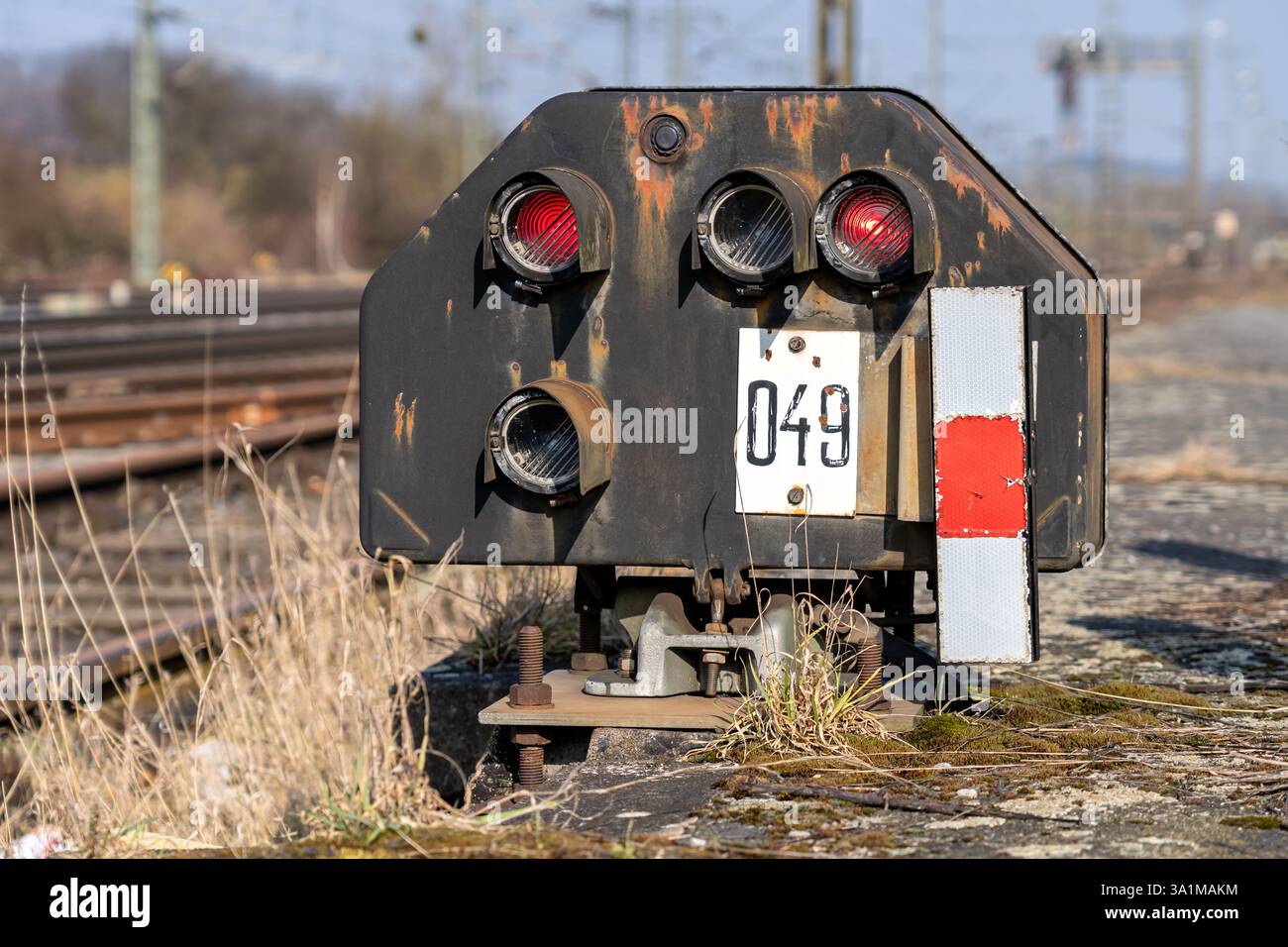 Segnale di barriera di luci di attraversamento di ferrovia immagini e