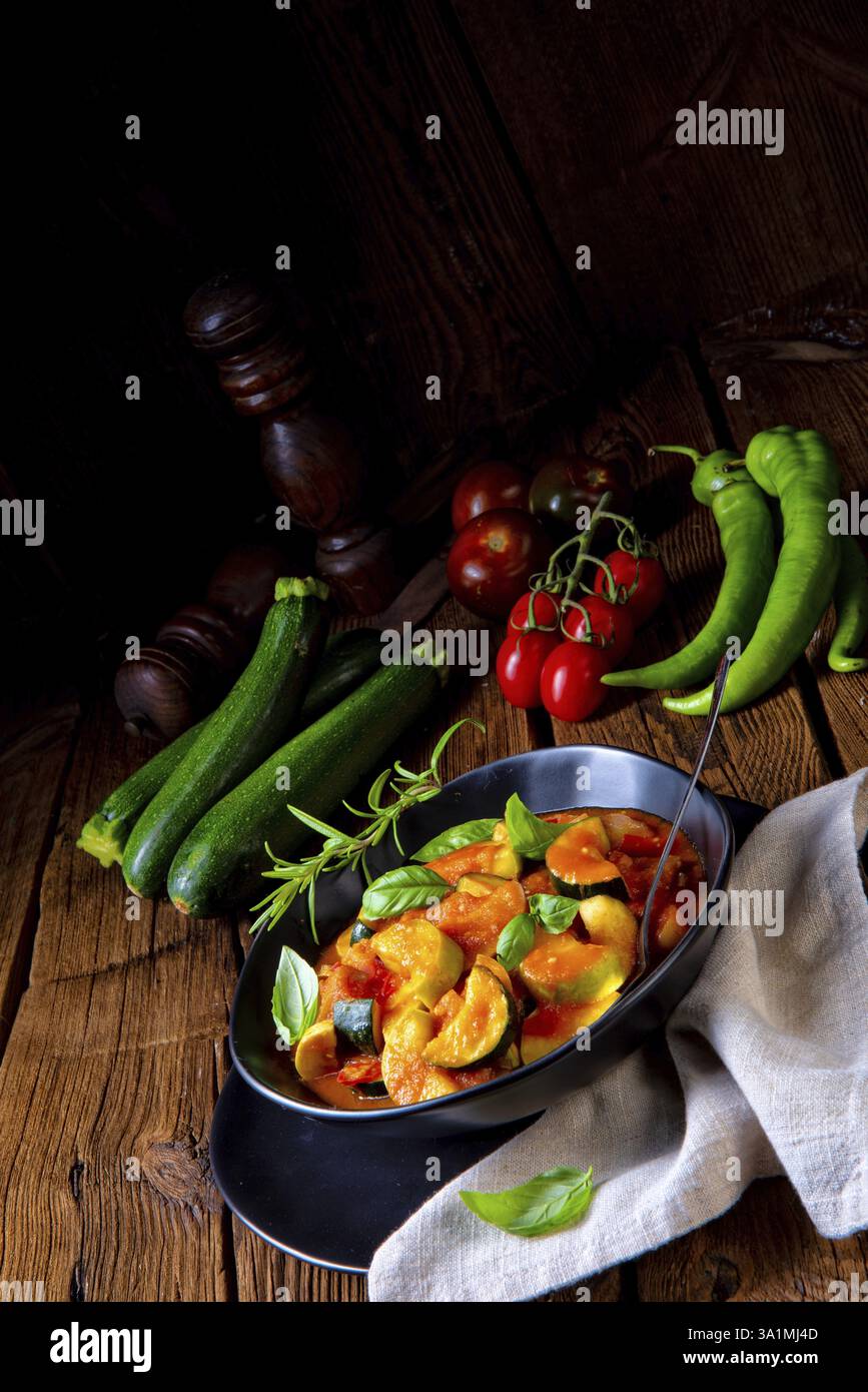 Ratatouille vegetariana con verdure fresche ed erbe aromatiche Foto Stock