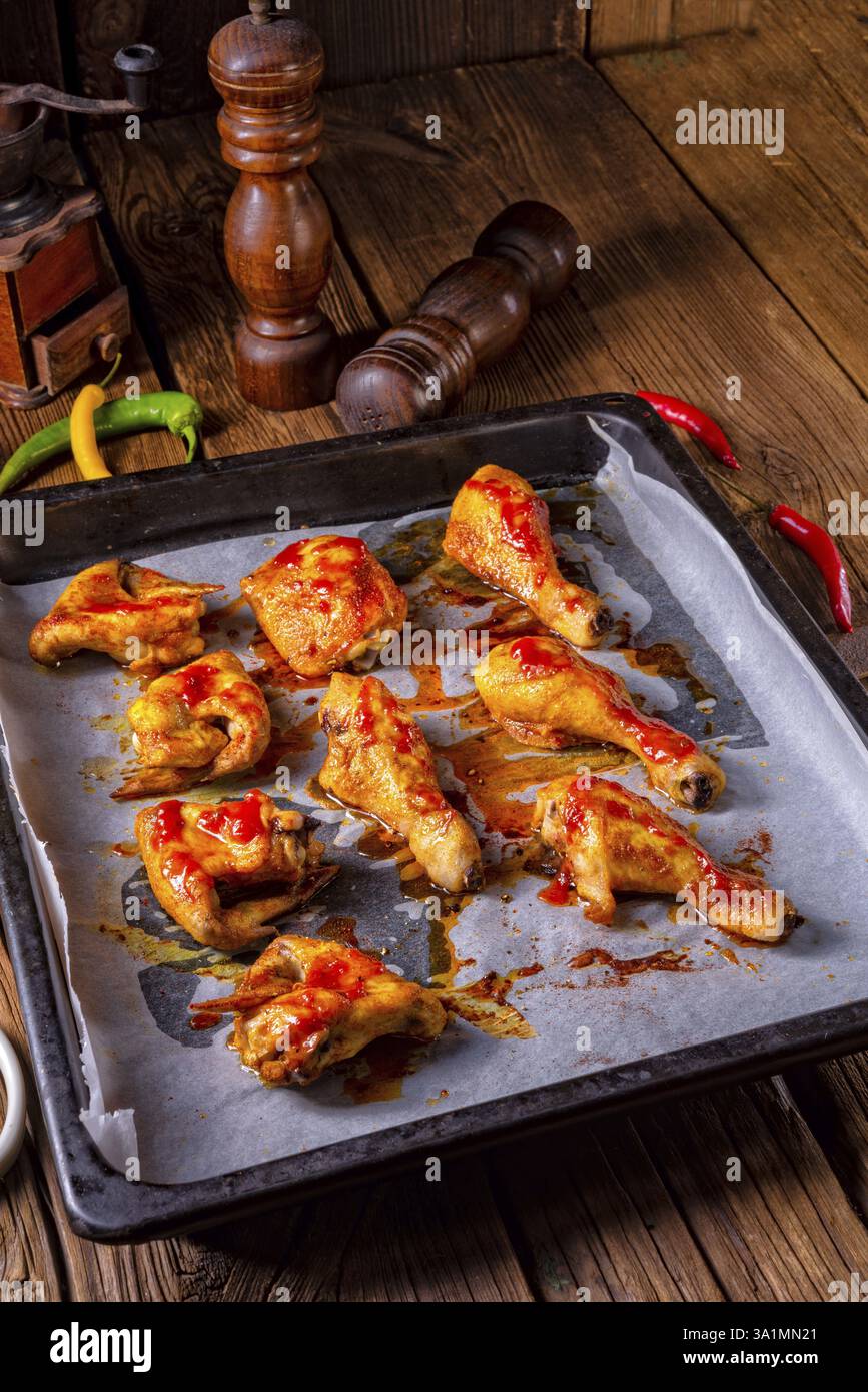 Ali di pollo rustiche e gambe sul vassoio da forno Foto Stock