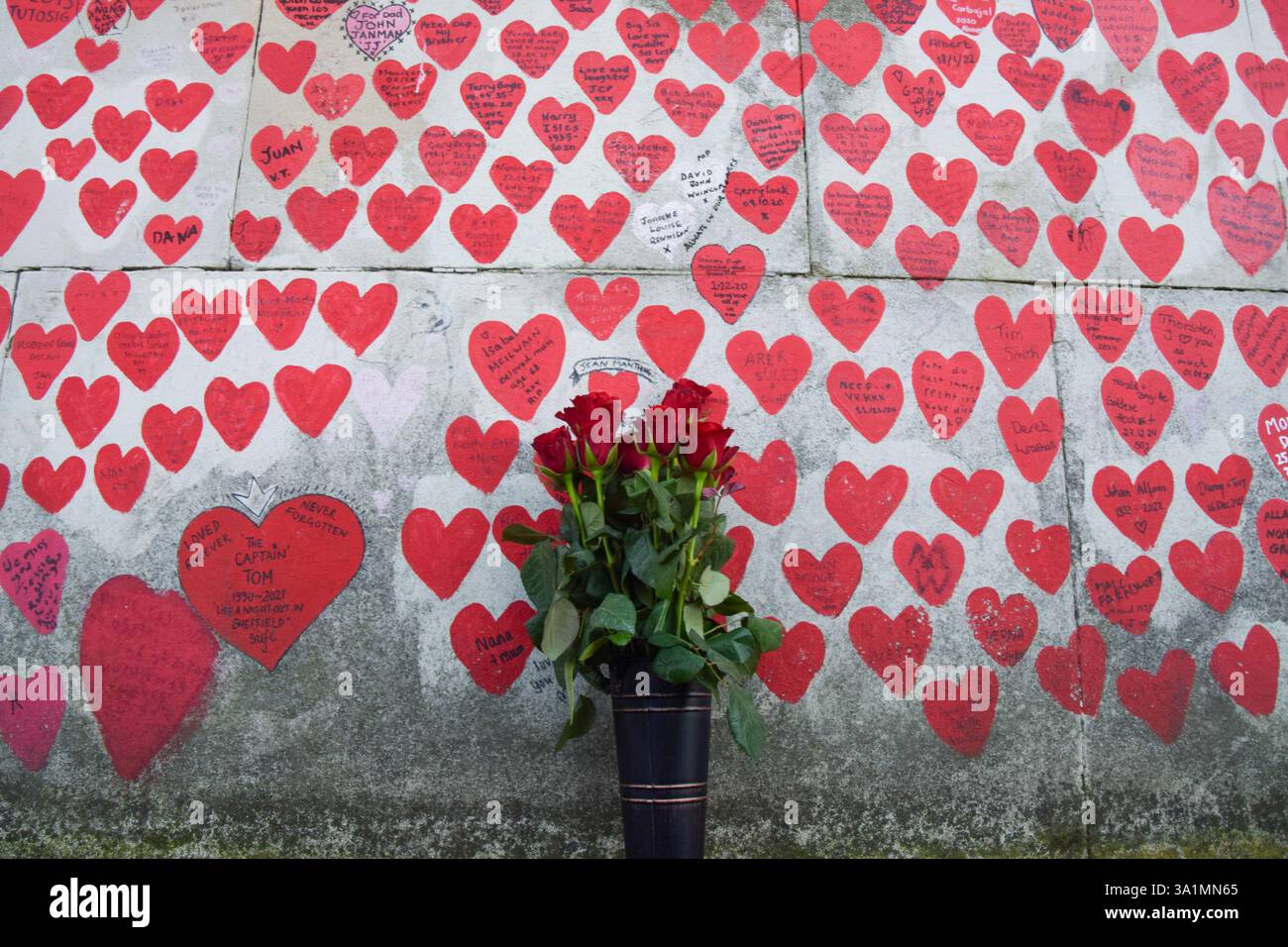 Londra, Regno Unito. 9 marzo 2025. I fiori sono lasciati accanto al National Covid Memorial Wall, che segna i cinque anni di Covid-19. Credito: SOPA Images Limited/Alamy Live News Foto Stock