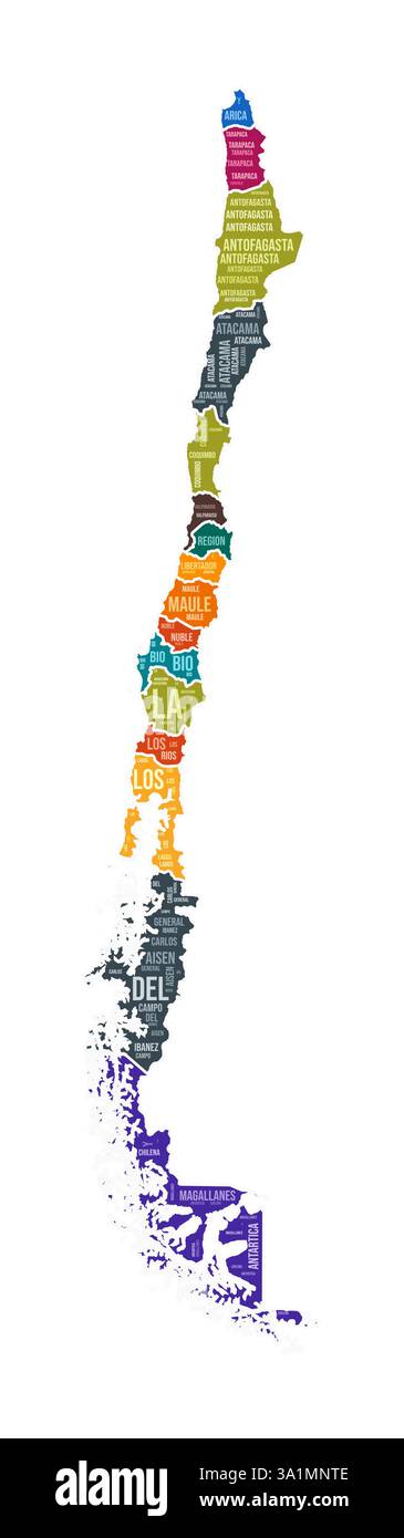 Forma cilena. Cloud di parole del paese con divisione regionale. Illustrazione colorata del Cile. Fumetto nomi area. Illustrazione vettoriale. Illustrazione Vettoriale