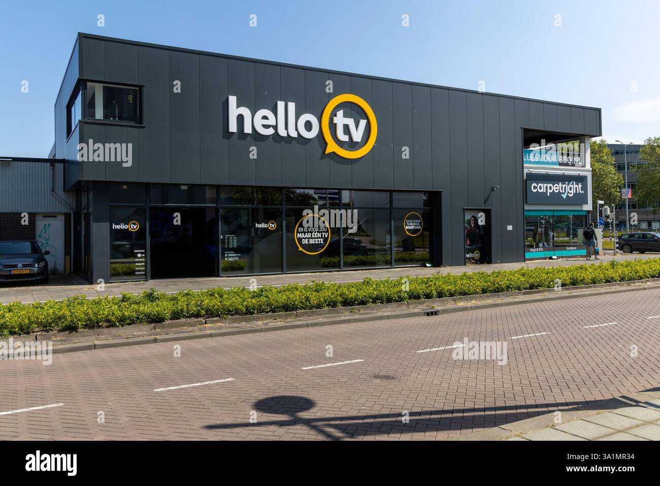 Hello TV sul negozio, il negozio è specializzato in TV e audio. Foto Stock