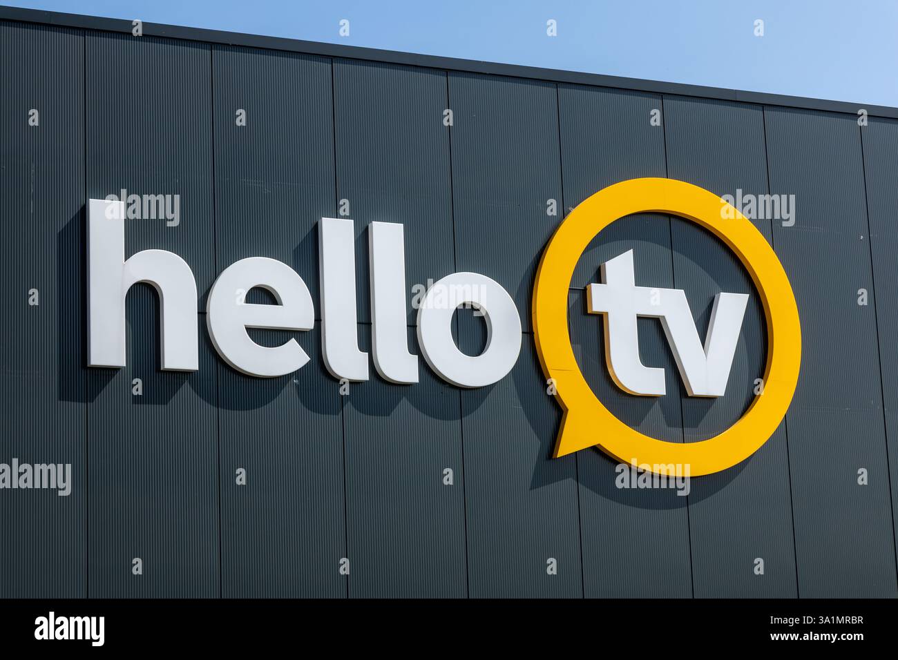 Hello TV sul negozio, il negozio è specializzato in TV e audio. Foto Stock