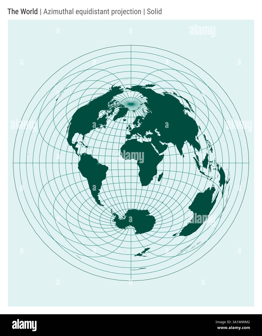 Mappa del mondo. Proiezione equidistante azimutale. Stile solido. Mappa mondiale dettagliata per infografiche, istruzione, report e presentazioni. Illustrazione Vettoriale