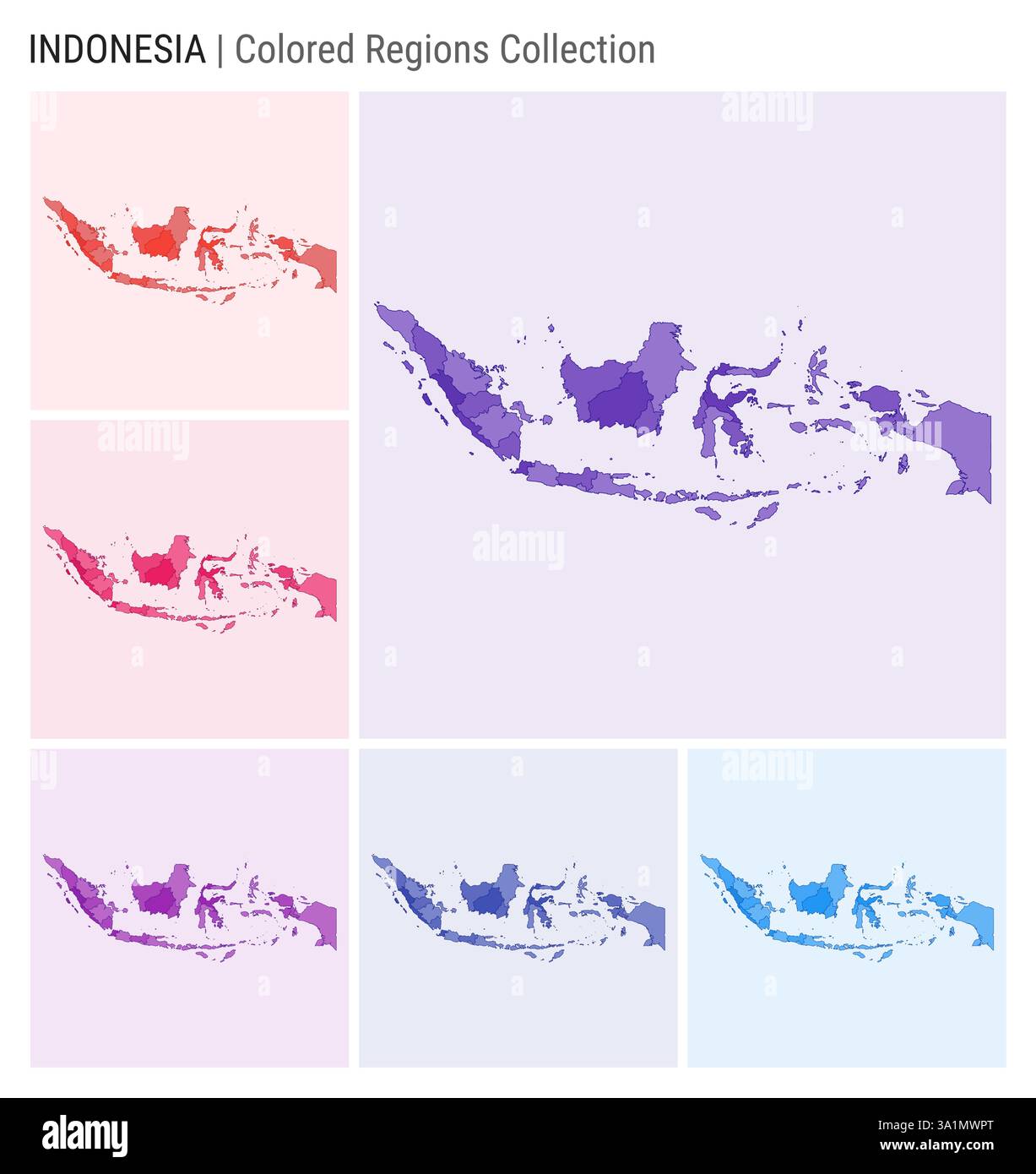 Collezione di mappe dell'Indonesia. Forma del paese con regioni colorate. Viola intenso, rosso, rosa, viola, indaco, tavolozze di colore blu. Illustrazione Vettoriale