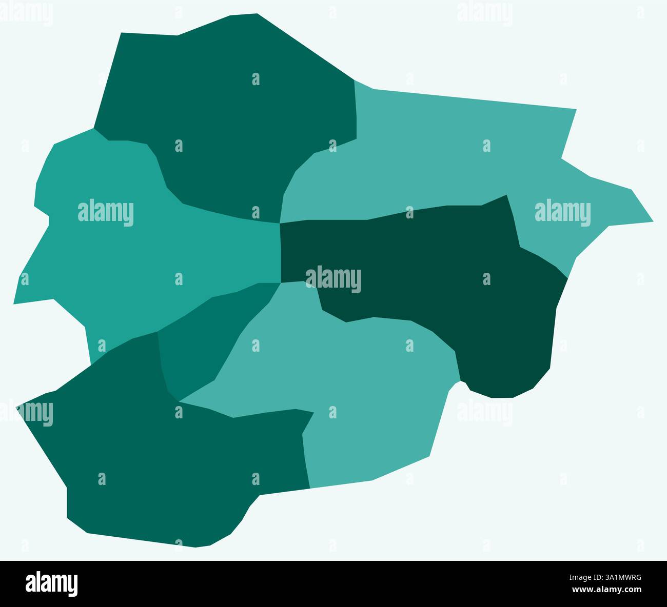 Mappa di Andorra con le regioni. Solo una semplice mappa di confine con la divisione della regione. Tavolozza dei colori ottanio. Illustrazione Vettoriale