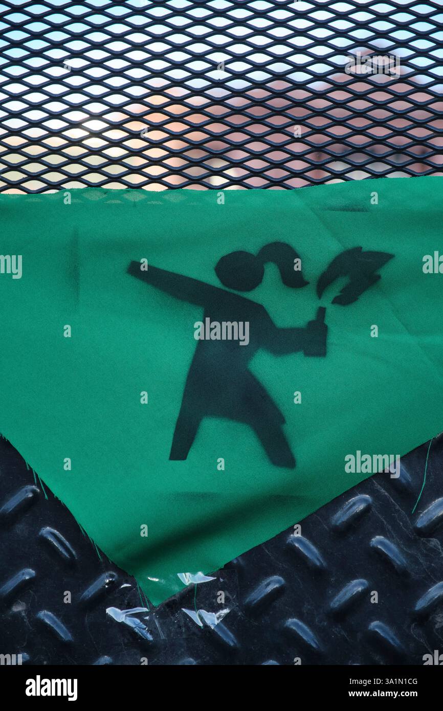 Buenos Aires, Argentina; 8 marzo 2025: Una sciarpa verde con un simbolo di femminismo combattivo appesa alle recinzioni che racchiudono la Casa Rosada durante l'Inter Foto Stock