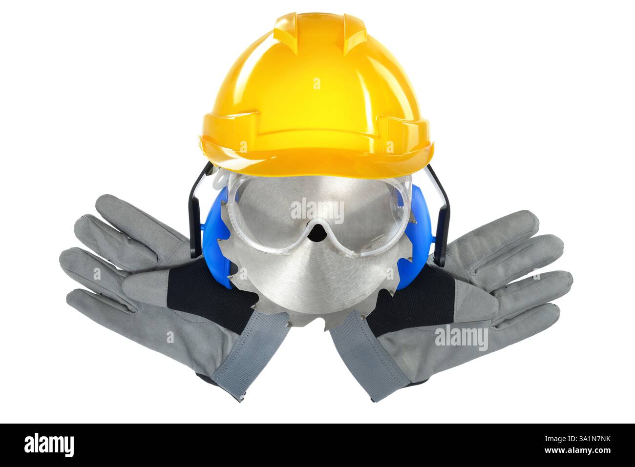 Immagine concettuale della testa di un lavoratore fatta di attrezzi e dispositivi di protezione. Disposizione creativa isolata sul bianco Foto Stock