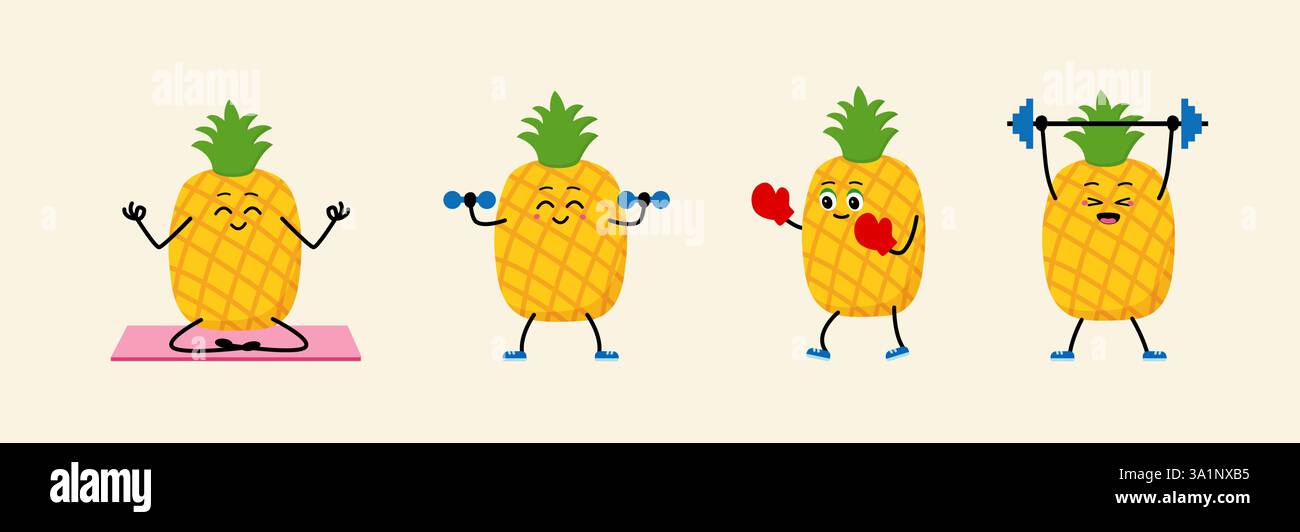 il personaggio medita in posa yoga. Sport all'aperto. combattere, pugilare. Barbell, Dumbbells. Illustrazione Vettoriale