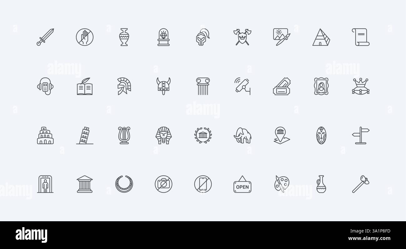 Guida e biglietto, tour della piramide egiziana e del Colosseo, torre di Pisa, sottile contorno nero simboli illustrazione vettoriale. Museo, storia, cultura e patrimonio culturale, galleria d'arte di dipinti, set di icone Illustrazione Vettoriale