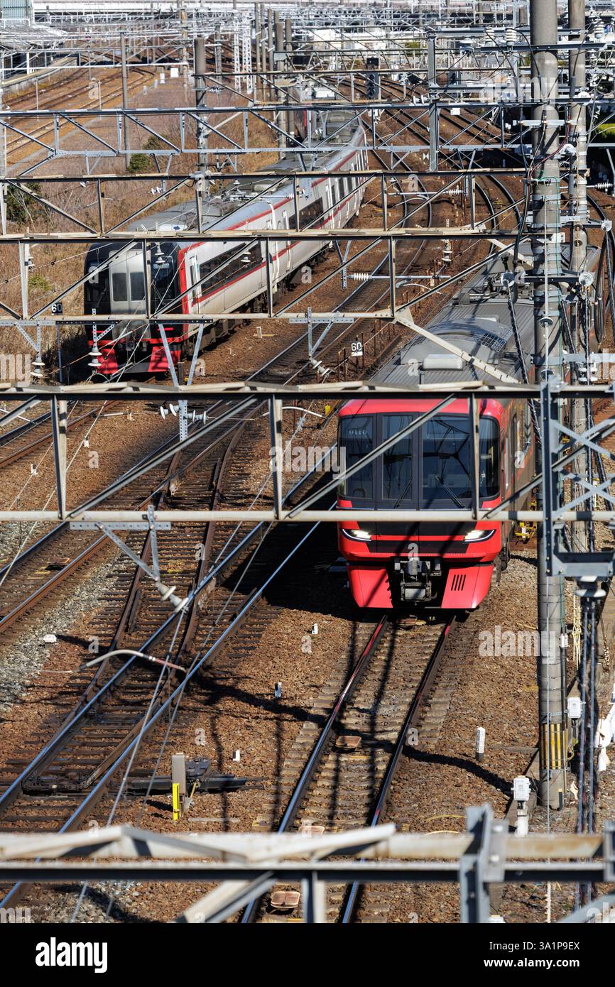 Due treni visibili su più binari ferroviari, circondati da una rete aerea di fili e pali, che descrivono in dettaglio l'infrastruttura ferroviaria giapponese. Foto Stock